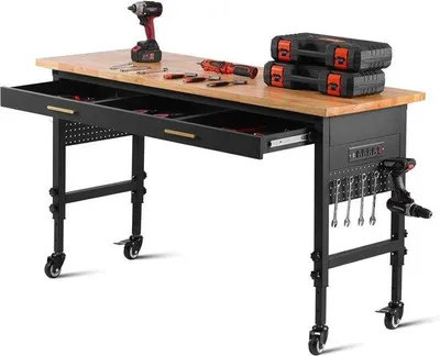 Image de Établi en bois réglable avec roulettes - 60 x 24 pouces - 1 500 lb - avec panneau perforé et prise électrique - pour garage ou bureau