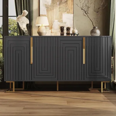 Immagine prodotto di Mobile contenitore con 2 ante, 4 ripiani, design geometrico, dimensioni 152x40x75 cm, colore nero