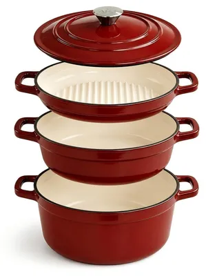 Obrázok produktu pre Sada hrncov Gusseisen, 4-dielna, smaltovaná, vrátane hrnca Dutch Oven, vhodná na indukciu, priemer 25 cm, červená