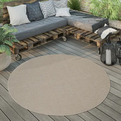 Immagine prodotto di Tappeto da esterno rotondo resistente alle intemperie per giardini e terrazze a tessitura piana in sisal look robusto dimensioni 160 cm rotondo