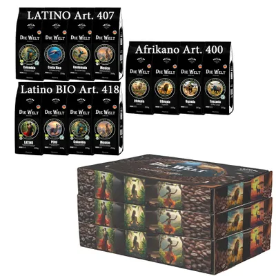 Produktbild von Die Welt Kaffee 3 Set Latino, Latino , Afrikano Kaffeebohnen 12x250g