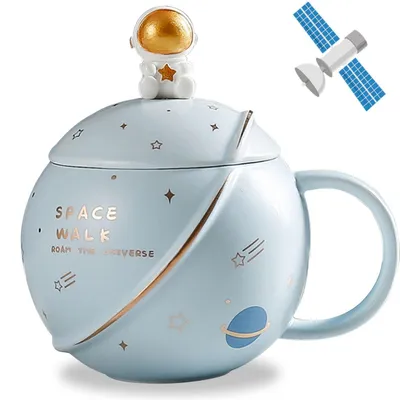 Produktbild von Keramiktasse mit Deckel und Löffel 400ML Hellblau