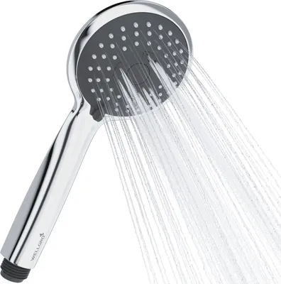 A chrome and gray shower head with water spraying from it, isolated on a white background.