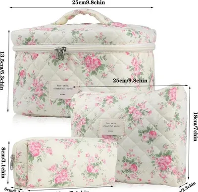 Productafbeelding van INF 3-delige draagbare bloemen gewatteerde cosmetische tassenset - Lichtgewicht & uitbreidbare toilettas organizer Veelkleurig 2