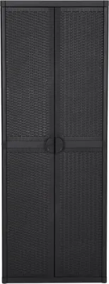 A full-front view of a tall, black storage cabinet with two doors.