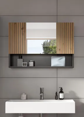 Produktbild von Mone Spiegelschrank Bad 2 Türen, 1 Spiegeltür, 1 Regal Eiche Nachbildung, dunkelgrau.