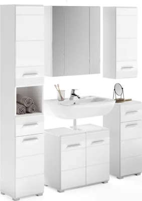 A collection of white bathroom furniture, including a tall cabinet, a vanity with a sink, and a drawer unit, arranged against a white background.