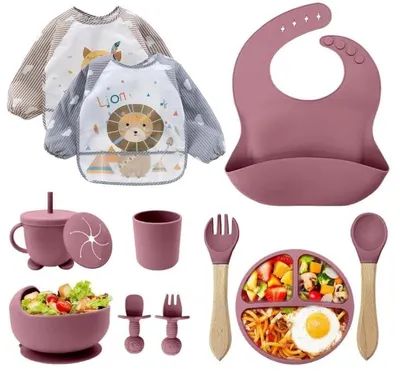Image de Omgoods - Ensemble de vaisselle en silicone pour bébé - 12 pièces, sans BPA, avec ventouse