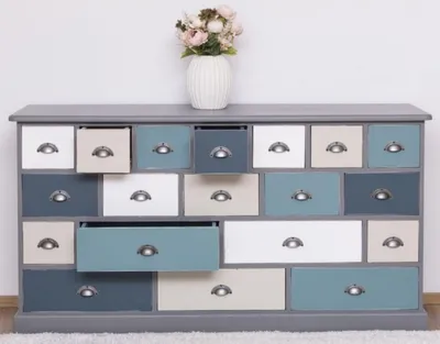 Produktbild von Casa Padrino Landhausstil Kommode Grau / Mehrfarbig 180 x 48 x H. 95 cm - Massivholz Schrank mit 19 Schubladen - Landhausstil Möbel - Möbel im Landhausstil - Landhausstil Einrichtung