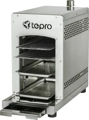A stainless steel gas grill with multiple racks and trays, shown from the front with the bottom drawer extended.