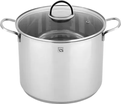 A stainless steel pot with a glass lid and handles, shown from a slightly elevated front-diagonal angle.
