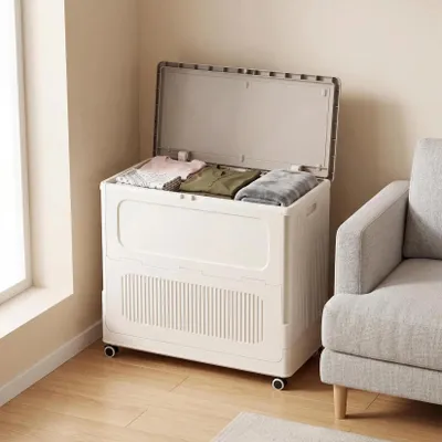 Image de Panier à linge - 73 litres - Avec roulettes et couvercle - Pliable - Rotation à 360° - Plastique - Blanc