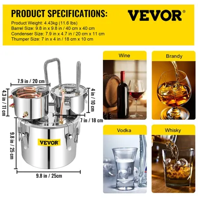 Obrázek produktu pro Destilační přístroj VEVOR, 5 galonů, destilátor vody, dávkovač vody, nerezový destilátor se 2 kondenzačními nádobami a 1 čerpadlem