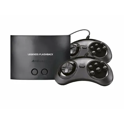A black retro game console with two controllers, presented on a white background.