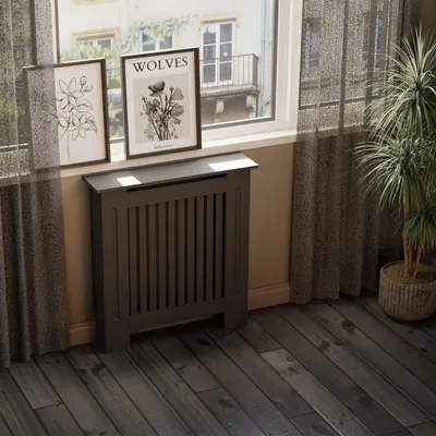 Produktbild von HAGO24 Heizkörperverkleidung Heizungsabdeckung Holz 78x19x82cm Schwarz Landhaus Regalfläche Wandmontage Klassisch