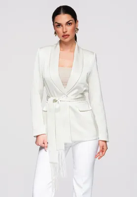 Produktbild von LARICA Damen Blazer Schalkragen Fransen Tailliert Elegant OW-BLZB-0115 white L