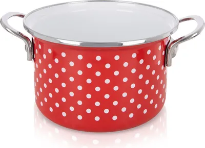 A red and white polka dot enamel pot with silver handles is shown against a white background.