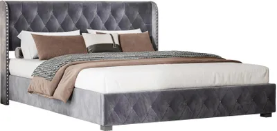 Obrázok produktu pre Posteľ s úložným priestorom – dvojposteľ 140 x 200 cm – hydraulický zdvihací mechanizmus – rošt – zamatové čalúnenie – kovový rám – čelo postele