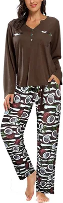 Productafbeelding van SHEKINI Dames pyjama set, tweedelig: T-shirt en lange broek, bruin, maat L