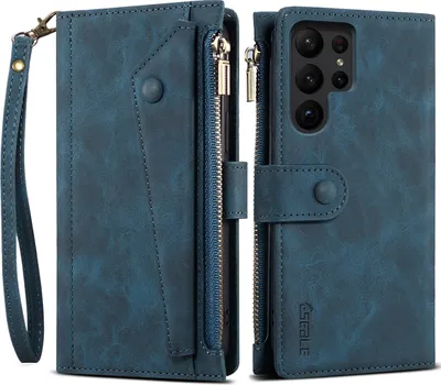 Produktbild von Schutzhülle für Samsung Galaxy S23 Ultra Reißverschluss Hülle, Leder Klapphülle Kartenfach Standfunktion Brieftasche mit Trageband Blau