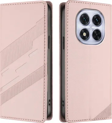 A pink flip case for a smartphone is shown from two angles, open and closed.