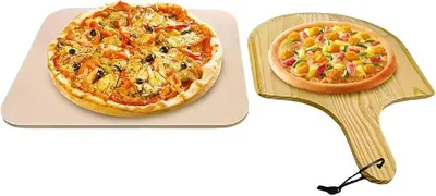 Imagen del producto de Piedra para pizza: superficie de cocción rectangular de 38,1 x 30,5 cm, con espátula de madera