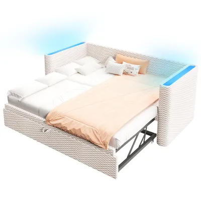 Produktbild von Schlafsofa mit Bettfunktion und LED-Beleuchtung 90x200cm/180x200cm, Liegefläche erweiterbar, Polsterbett, Jugendbett, Samt
