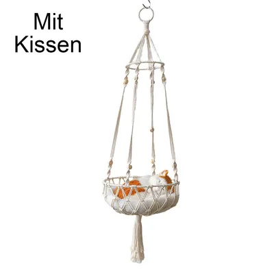 A macrame hanging cat hammock with a small animal inside.