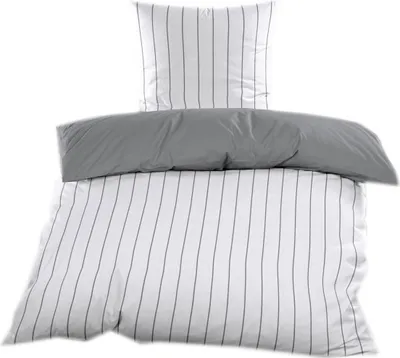A neatly folded duvet cover and pillowcase set with a pinstripe pattern.