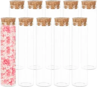 Obrázek produktu pro Skleněné reakční nádoby 60 ml s těsnicí zátkou – čiré – malé skleněné lahvičky – laboratoř – dárky pro hosty – cukrovinky – koření – korálky – 10 kusů
