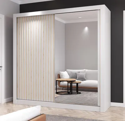Produktbild von Krudox RAMIS Schiebetürenschrank mit Spiegel 150x216x62 cm, Weiß, 2 Kleiderstangen