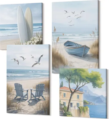 Produktbild von Wandbilder Leinwand 4-teilig –  – Polycanvas Kunstdruck – Moderne Bilder für Wohnzimmer & Schlafzimmer – Aufhängefertig – 2x 40x40 cm + 2x 40x60 cm – Strand mit Surfbrettern, Booten und Vögeln
