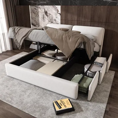 Produktbild von Flieks Polsterbett 160x200cm mit 3 Schubladen, Hydraulisches Boxspringbett Stauraumbett mit Lattenrost, Doppelbett Jugendbett Holzbett, Samt, Beige