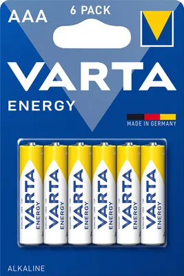 A blister pack of VARTA ENERGY AAA batteries.