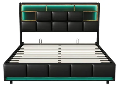 Image de Lit coffre - Lit hydraulique - Lit avec espace de rangement - Lit avec éclairage LED - Lit avec port USB - Design enPolyuréthanenoir