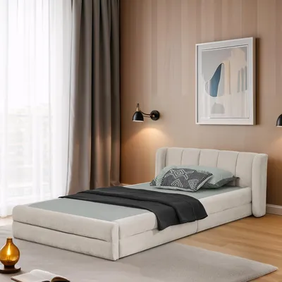 Produktbild von MODFU Kinderbett mit Matratze 90x200 Jugendbett mit hautfreundlichem Chenillestoff und verstärktem Innengestell,Einzelbett mit Unterstützung,Beige