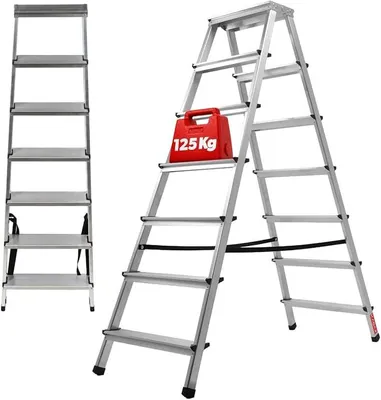 Image de Escalier pliant, échelle en aluminium à 7 marches, avec pieds antidérapants, capacité de charge jusqu'à 150 kg, échelle polyvalente pour une utilisation intérieure et extérieure