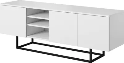 Image de Armoire RTV blanche debout sur pieds métalliques, 150x55x37, armoire TV, moderne, loft, industriel, dépoli