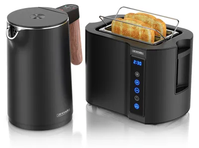 Produktbild von Arendo Frühstücks-Set Edelstahl, Wasserkocher mit Temperatureinstellung 1,5l, Toaster 2 Scheiben Kurzschlitz, Brötchenaufsatz, Touch, schwarz