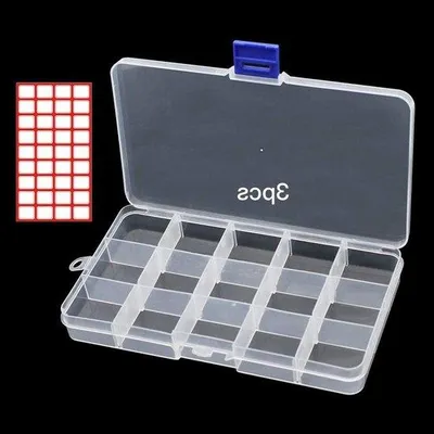 Imagen del producto de Caja de plástico con 15 compartimentos ajustables - 3 unidades - transparente - incluye etiquetas rojas - para joyería y accesorios - 26 x 21 mm