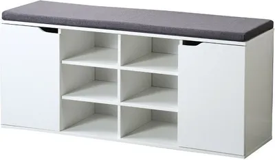 A white shoe cabinet with a gray cushion on top, shown against a white background.