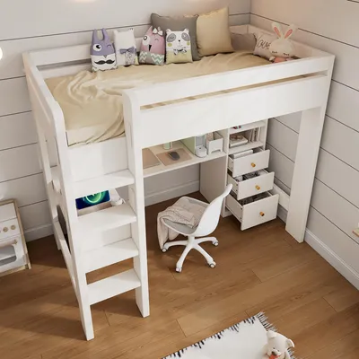 Image de OKWISH Lit Mezzanine 90x200 - Lit Simple Avec Bureau Intégré, Étagères et Tiroirs, En MDF et Bois Massif, Sans Matelas, Blanc