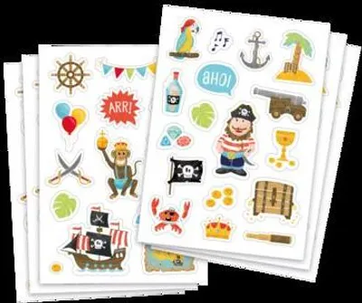 Produktbild von Pirat Sticker-Set, bunt, 108 Sticker auf 3 Bögen mit 2 Designs für Kindergeburtstage