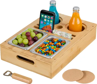 Image de Relaxdays Couchbar, bambou, plateau en acier inoxydable pour snacks, porte-verres à boisson et à vin, dessous de verre, rangement pour canapé, naturel