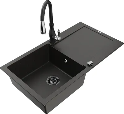 Produktbild von Mexen Leo 1 Becken-Granitspüle mit Abtropffläche und Mischbatterie Savita, Schwarz/Gold metallisch - 6501-75-672601-70-B