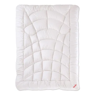 A white comforter is laid flat on a white background.
