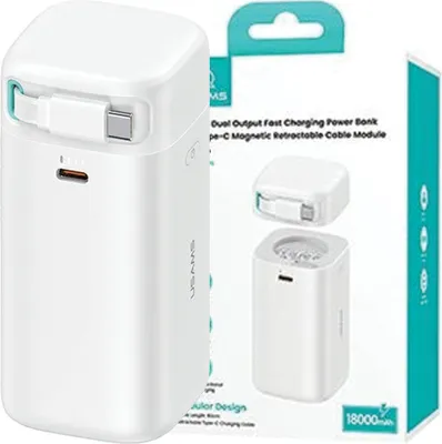 Produktbild von Usams Powerbank Ze Zwijanym Kablem Usb-C Retractable 18000 Mah Pd45W Fast Charge Xmf Series Biały/White 20Kcd21602 (Us-Cd216)