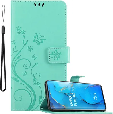 Obrázok produktu pre Cadorabo kryt pre Oppo FIND X2 NEO in FLORAL TURQUOISE ochranný kryt v kvetinovom dizajne s magnetickým zapínaním, funkciou stojana a slotmi na karty flipové puzdro kvetinový kryt puzdro na mobilný telefón flipové puzdro typu kniha