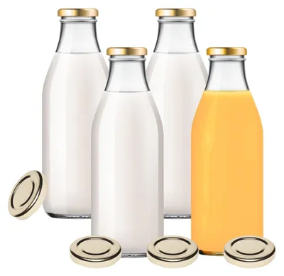 4 Glasflaschen 1000 ml mit 8 Golddeckeln & Etiketten