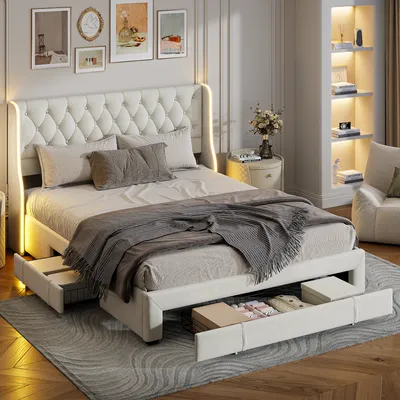 Immagine prodotto di Letto imbottito 160x200cm, letto matrimoniale con 3 cassetti, letto contenitore letto giovanile con rete a doghe e led, letto funzionale letto in legno massiccio, velluto, beige
